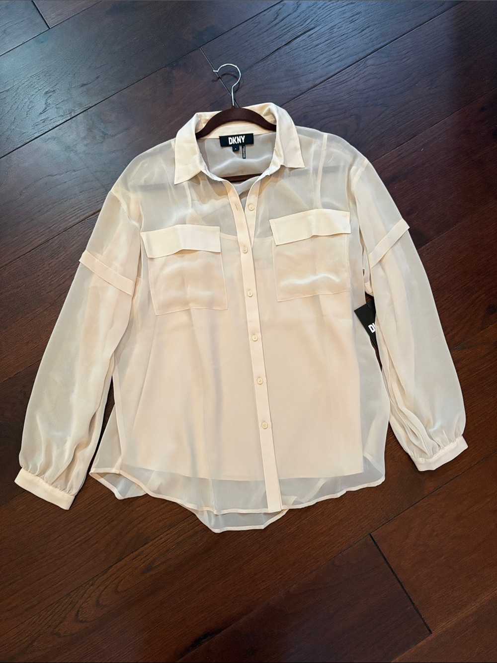 DKNY Sheer Long-Sleeve Button Shirt in Ivory Cream with Camisole size medium